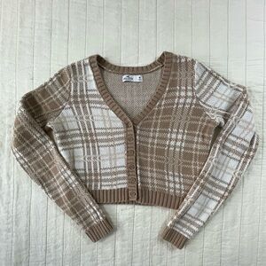 Hollister Beige and Cream Cropped Plaid Cardigan Sweater Medium